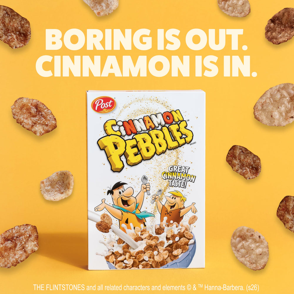 Pouring bowl of Cinnamon PEBBLES emphasizes bold cinnamon flavor for mornings.