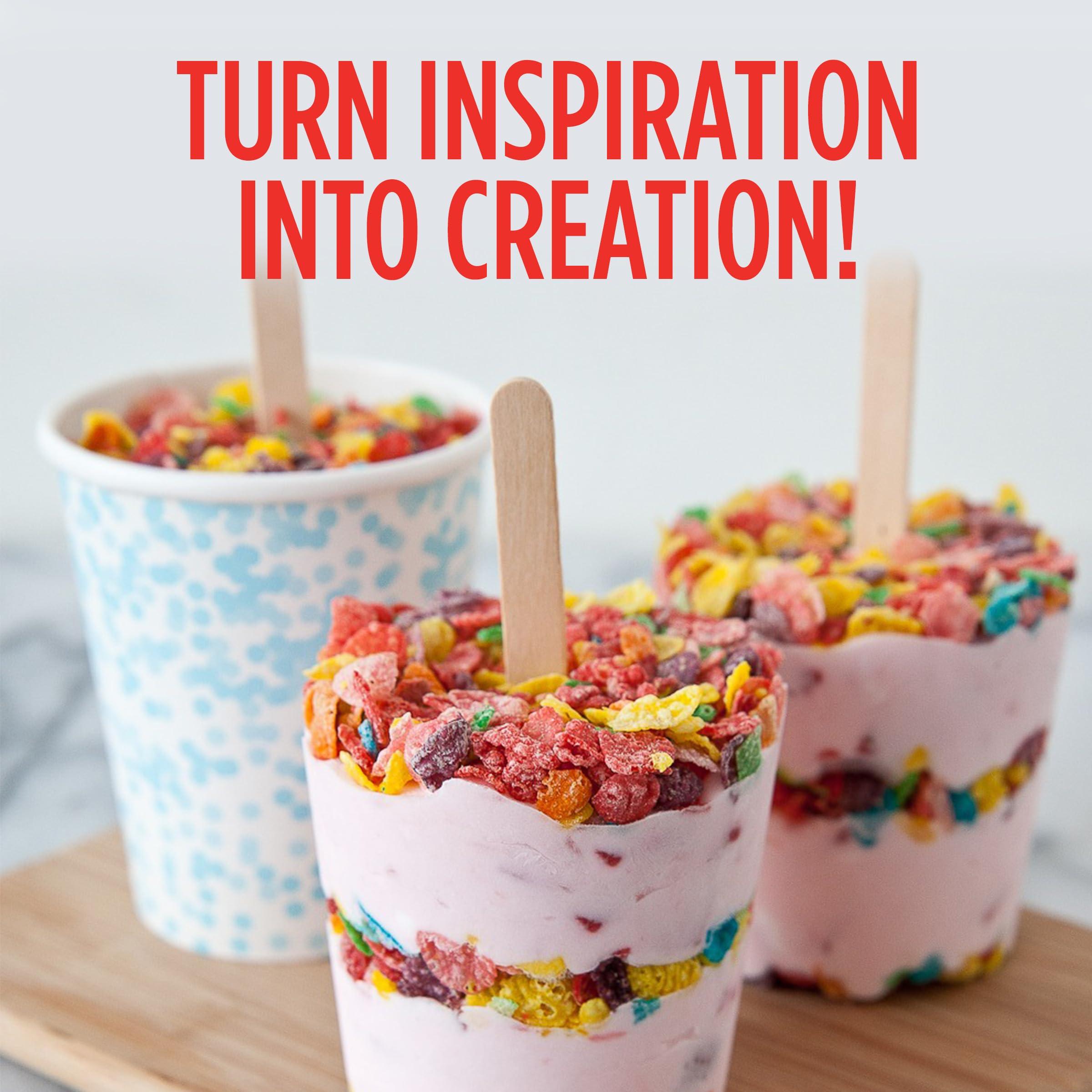 Dessert topping shot with Pebbles cereal for fun treats.