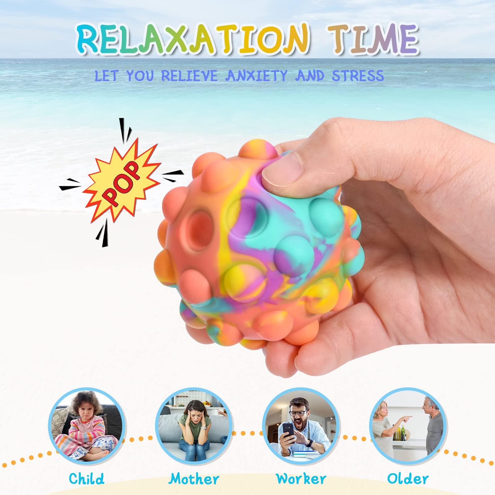 Peboms Pop It rainbow fidget ball suits kids and adults alike.