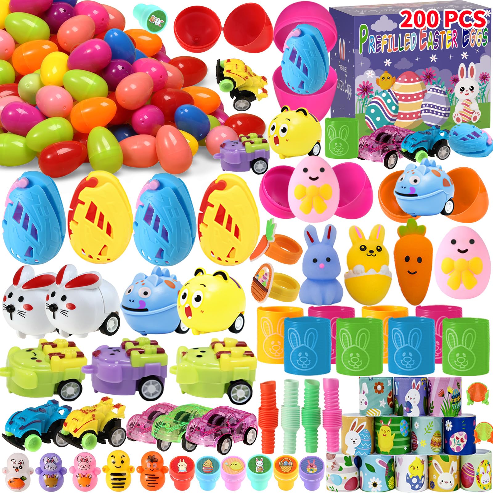 PECHOI 200-piece prefilled eggs with toys for classroom hunts and easy setup.