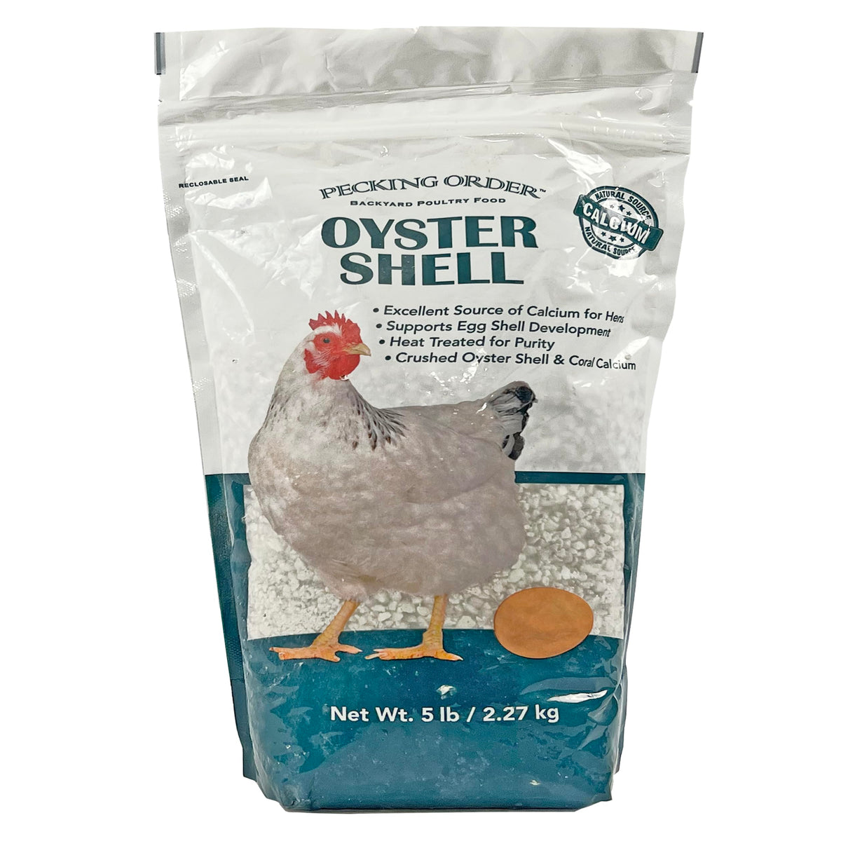 Pecking Order Oyster Shell 5lb bag shown, supports strong eggshells for laying hens.