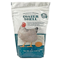 Pecking Order Oyster Shell 5lb bag shown, supports strong eggshells for laying hens.