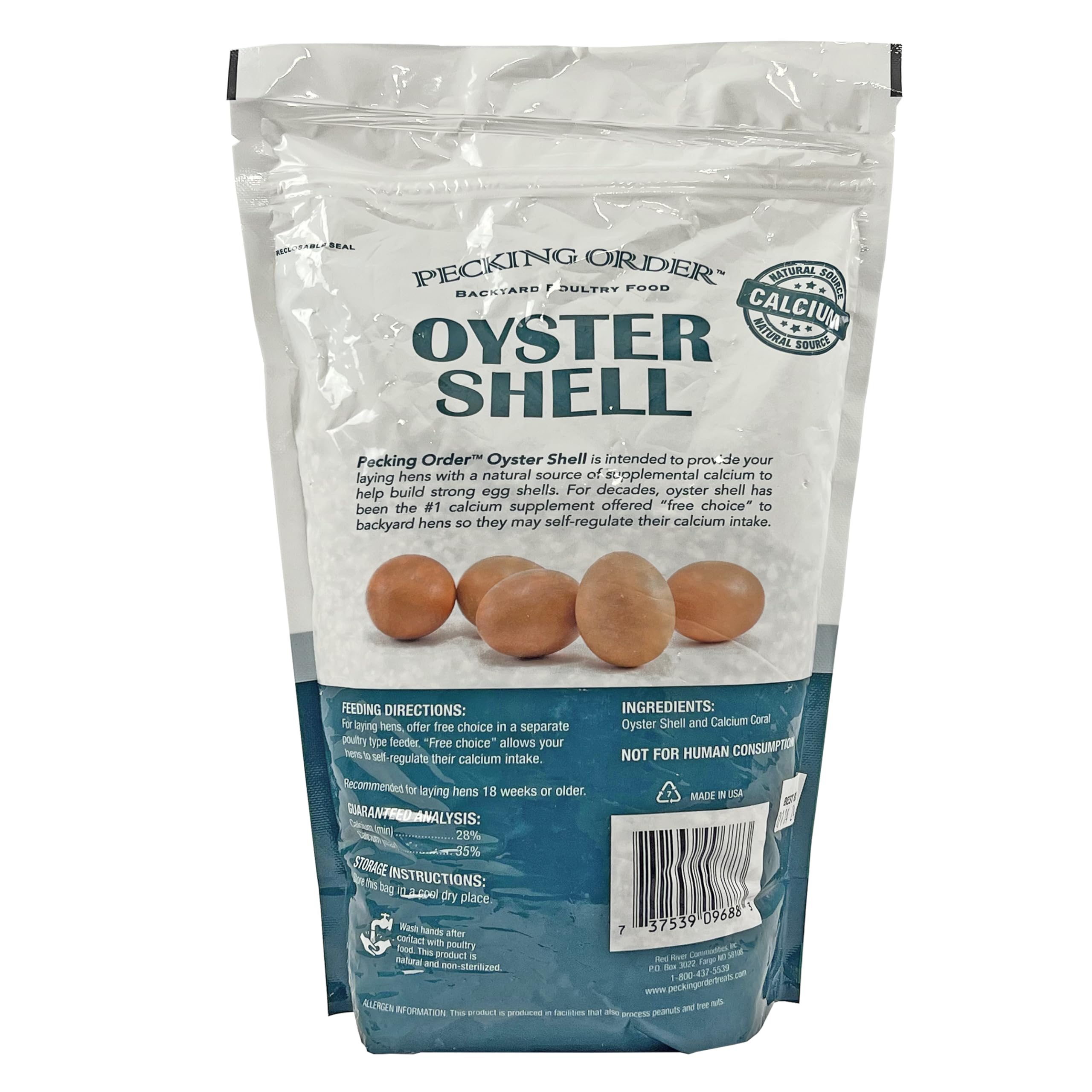 Pecking Order Oyster Shell pour illustrates natural calcium for shell and bone health.