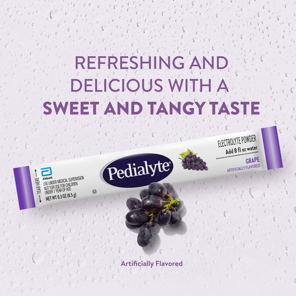 Adult on-the-go hydration with Pedialyte grape powder.