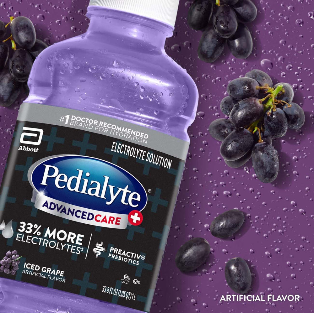 Pedialyte AdvancedCare Plus 3x electrolytes bottle supports rapid fluid balance.