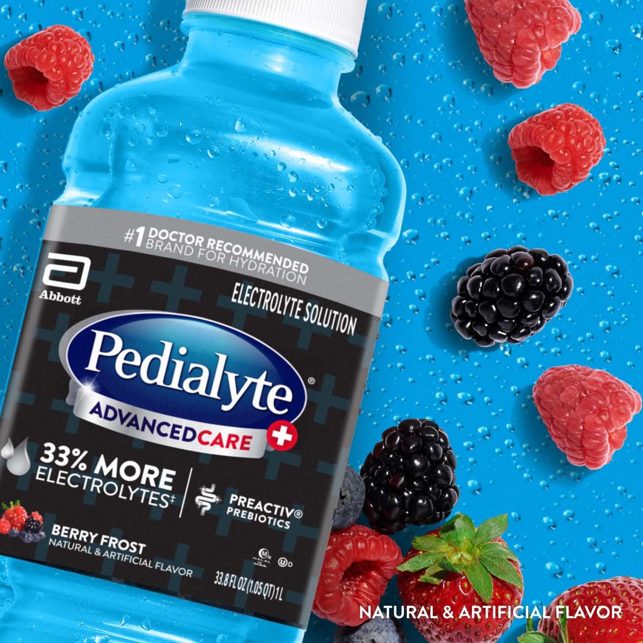 Closeup of Pedialyte AdvancedCare Plus Berry Frost label with electrolytes