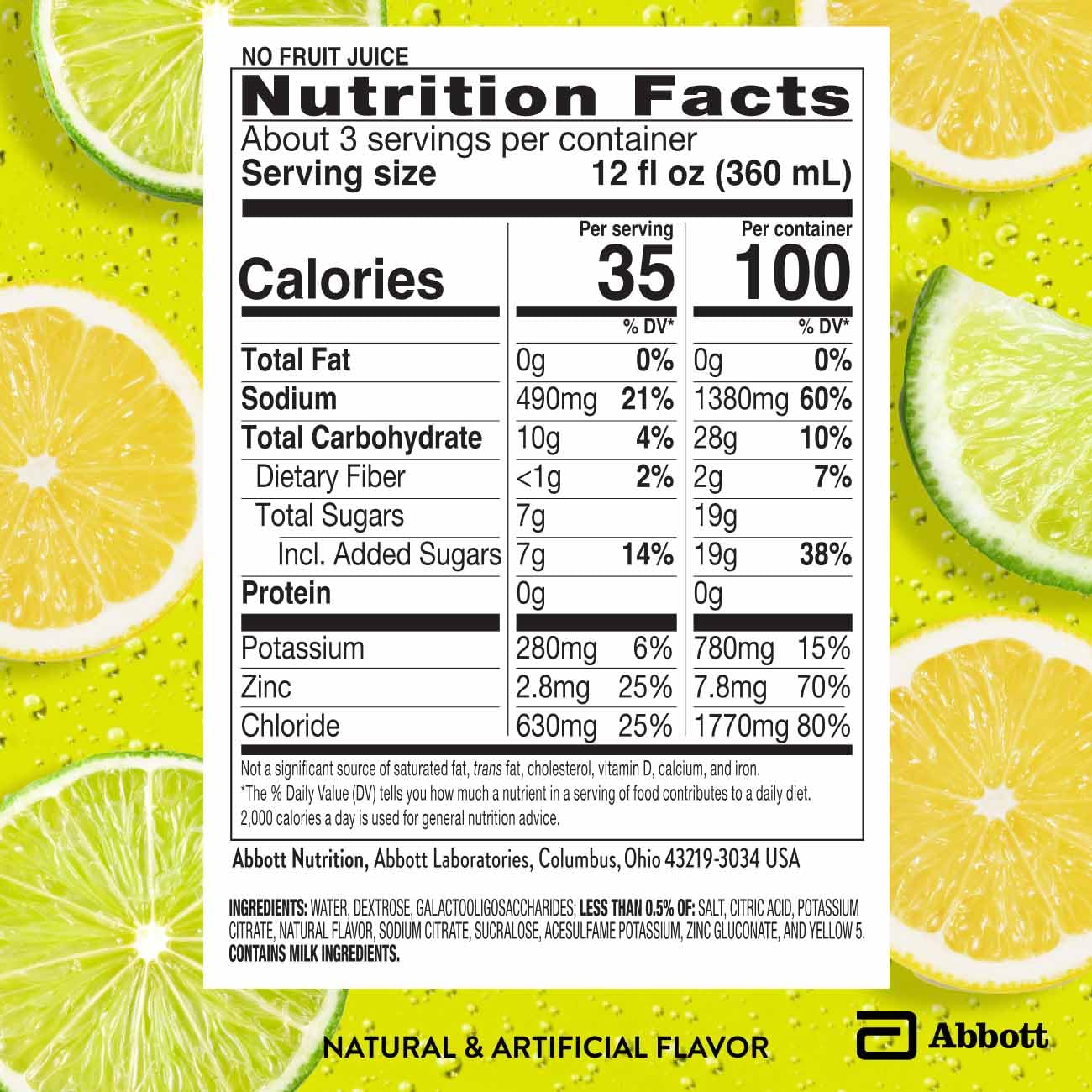 Pedialyte AdvancedCare Plus lemon-lime bottle side view highlights bright flavor.