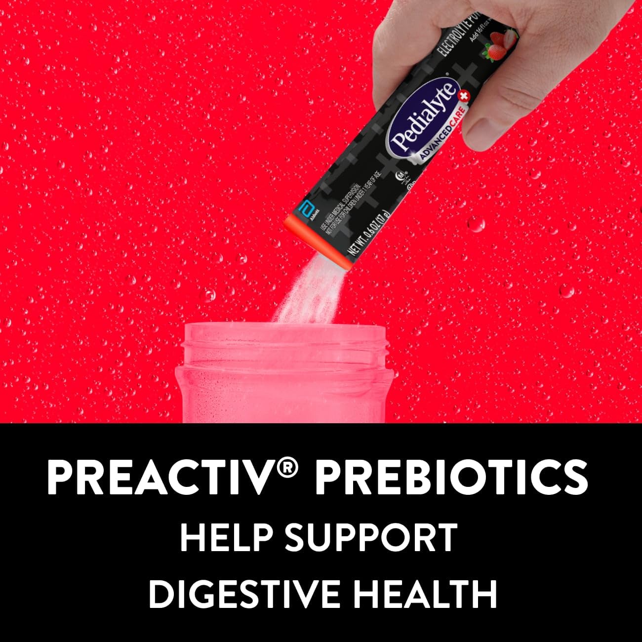Pedialyte AdvancedCare Plus ingredient list highlighting PreActiv Prebiotics