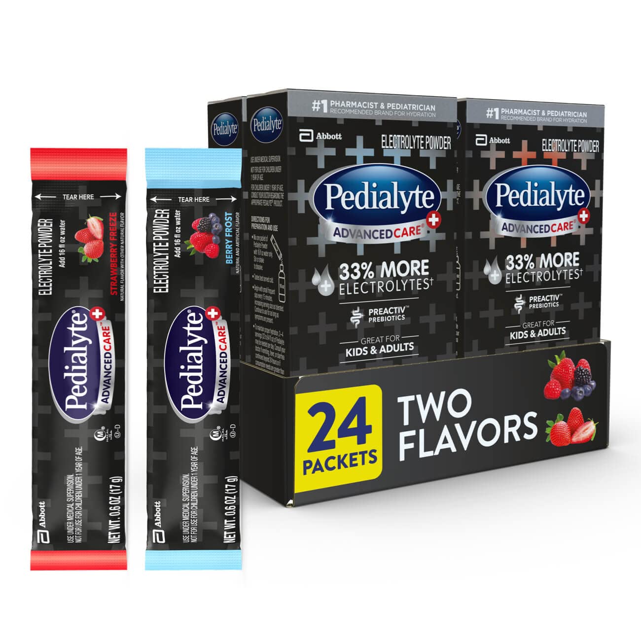 Pedialyte AdvancedCare Plus powder packets front view for on-the-go hydration.