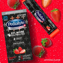 Pedialyte AdvancedCare Plus packets mixed in water for hydration on the move