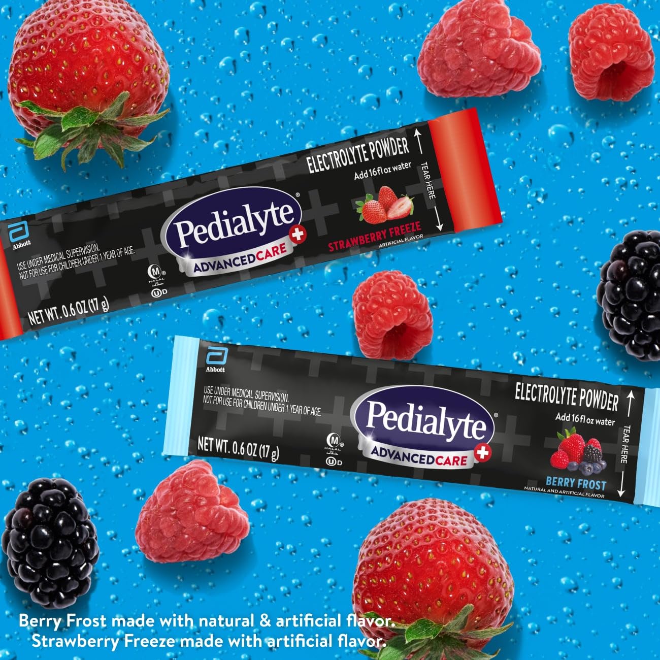 Pedialyte AdvancedCare Plus powder packets with scoop dissolving in glass.
