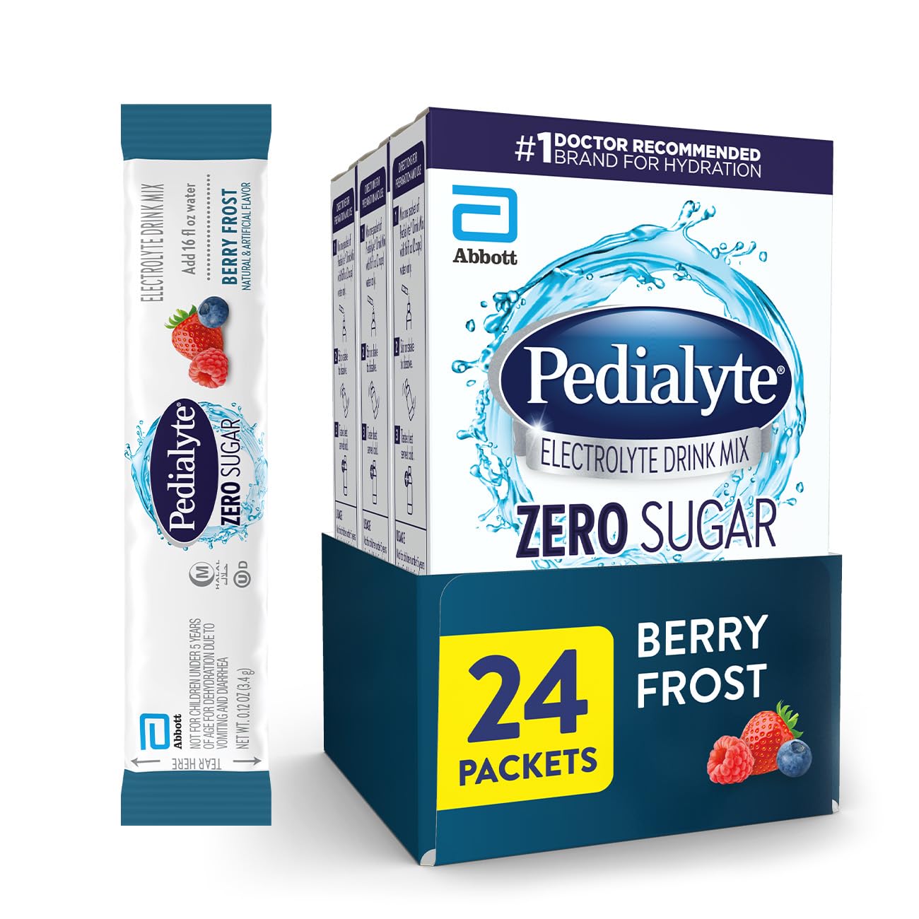 Pedialyte Berry Frost packets for quick, refreshing hydration on the go.