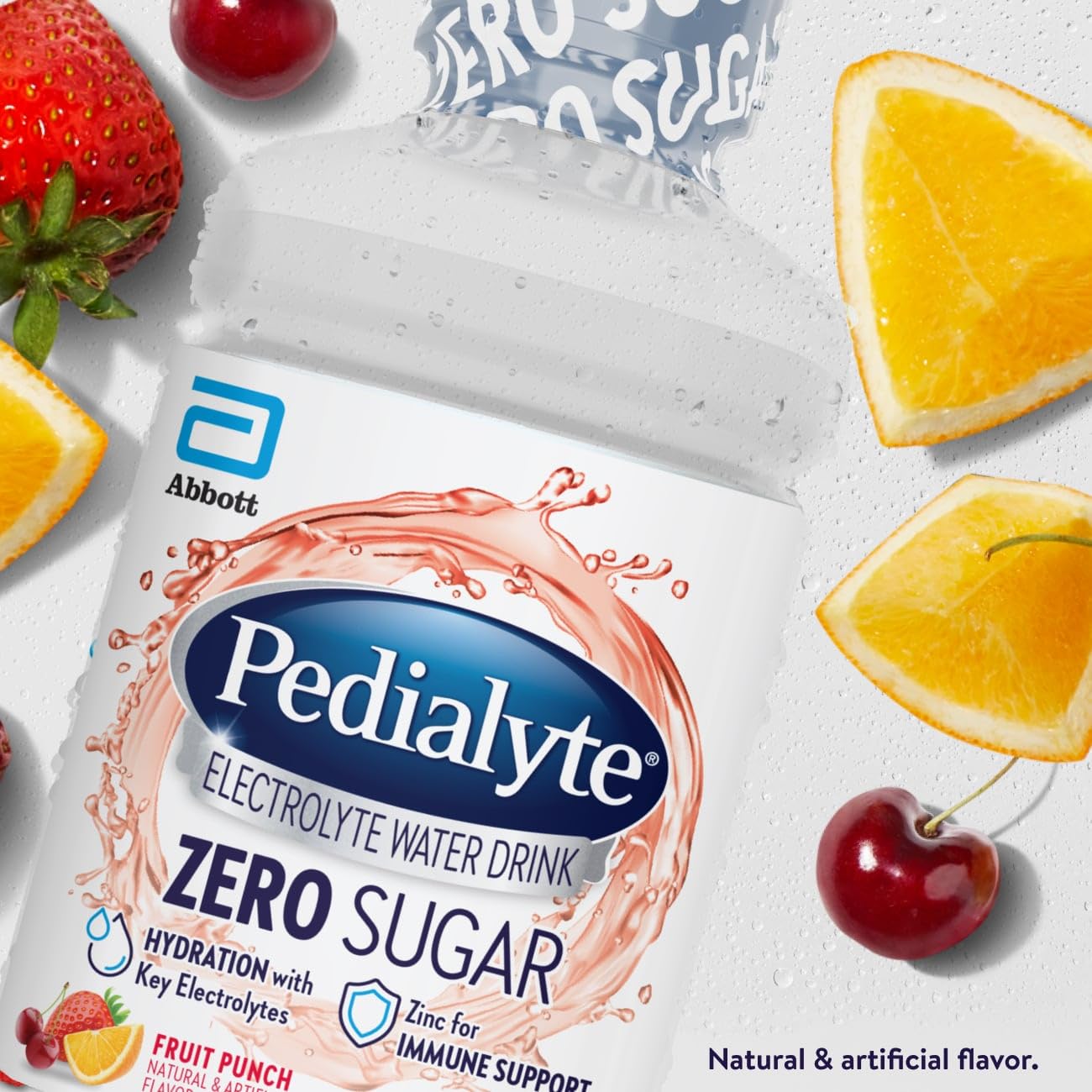 Pedialyte Berry Frost bottle emphasizing electrolyte balance with low calories