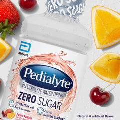 Pedialyte Berry Frost bottle emphasizing electrolyte balance with low calories