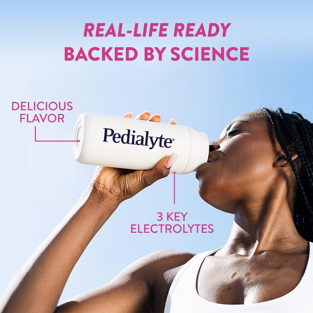 Pedialyte bottle and packets ready for on-the-go hydration.