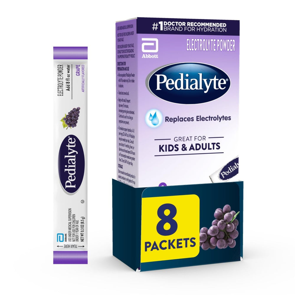 Pedialyte grape electrolyte powder packaging highlighting on-the-go hydration.
