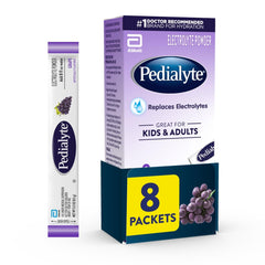Pedialyte grape electrolyte powder packaging highlighting on-the-go hydration.