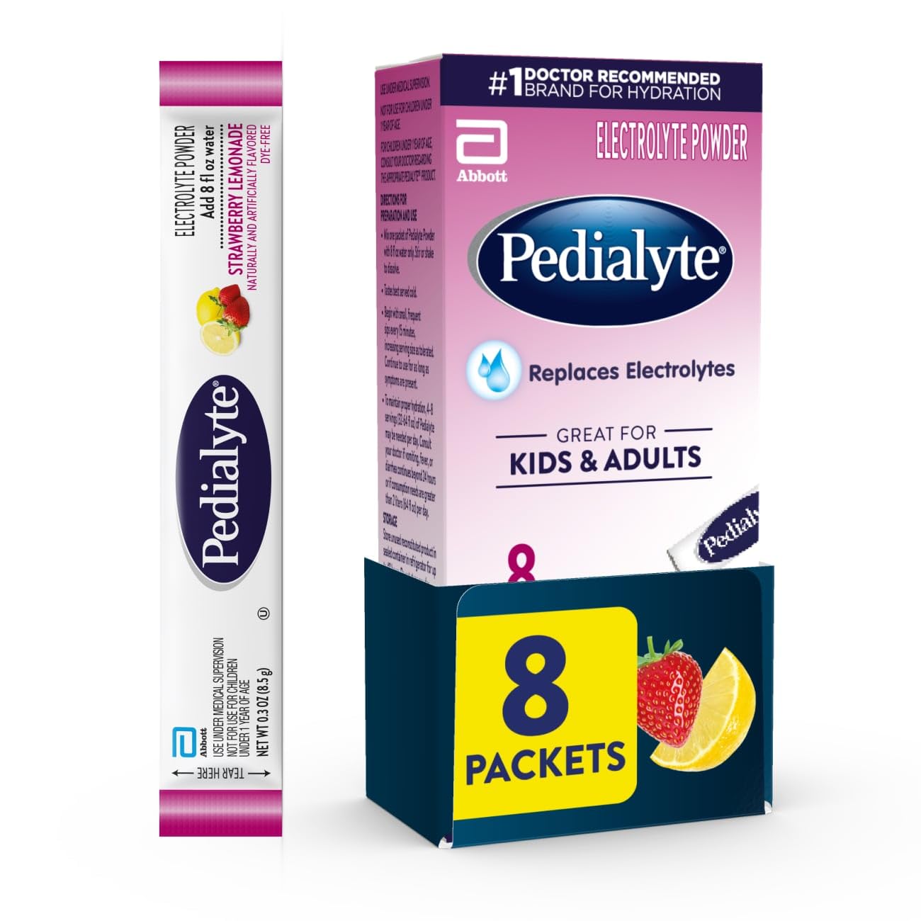Pedialyte electrolyte powder strawberry lemonade packets for fast hydration.