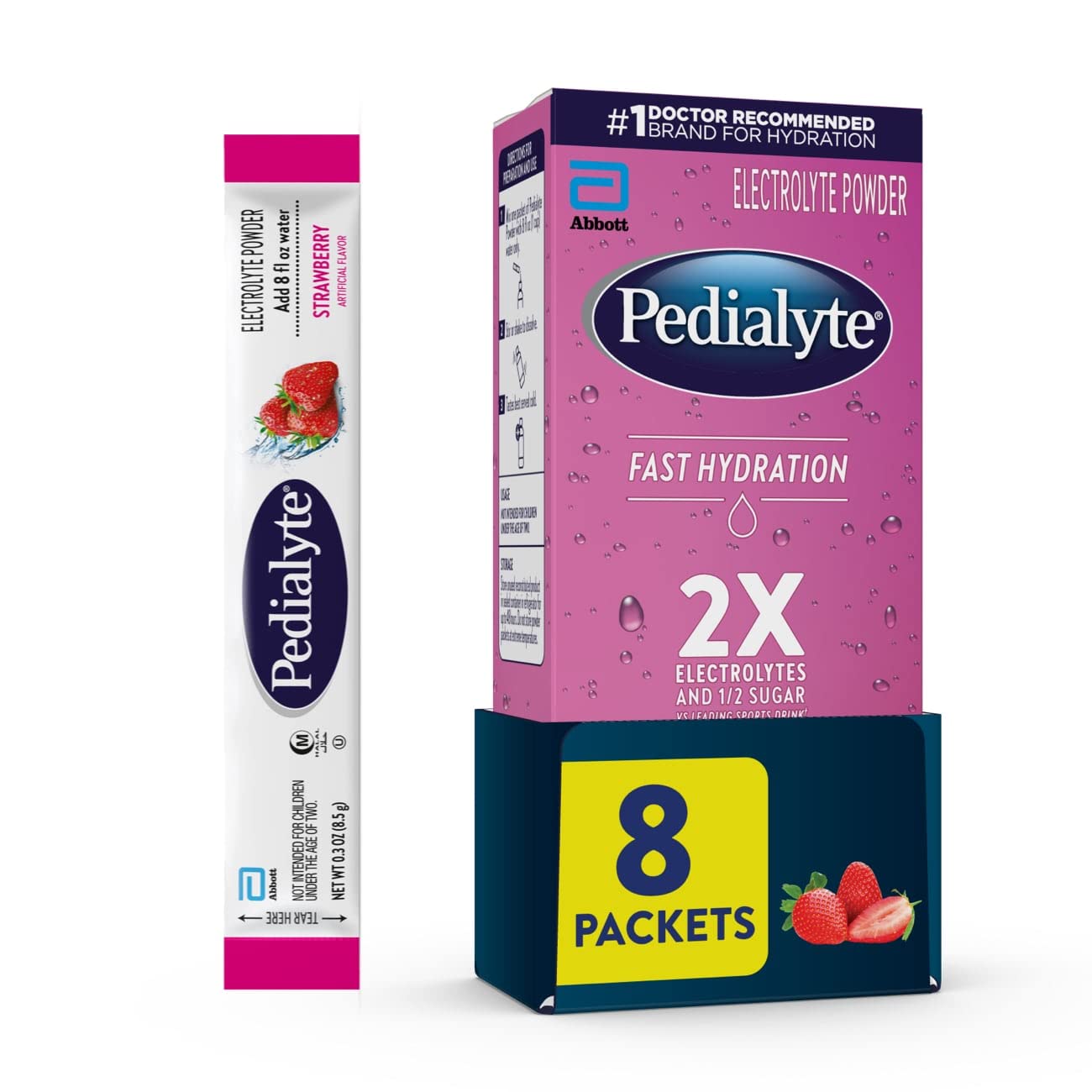 Pedialyte fast hydration packets strawberry box for quick rehydration.