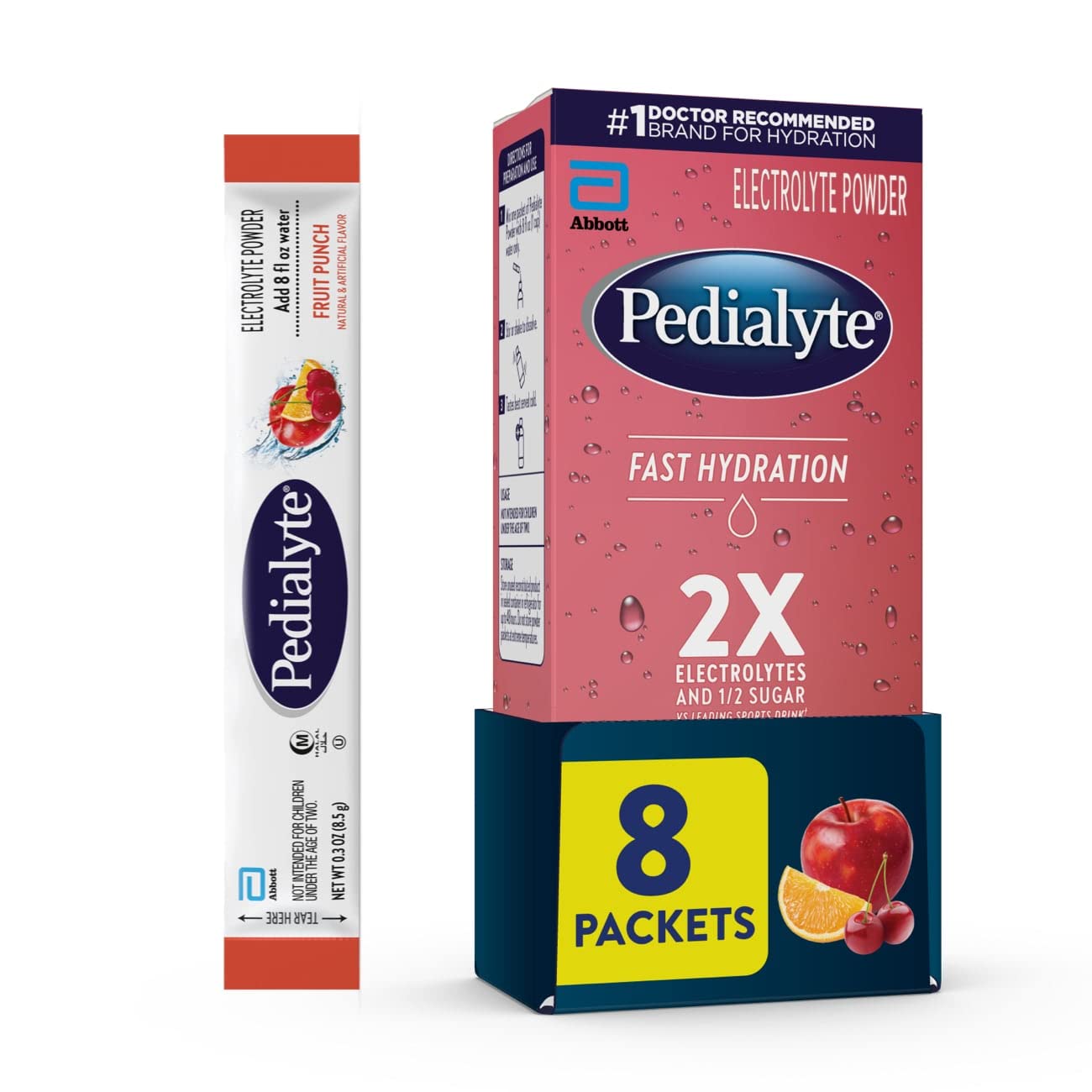 Pedialyte fast hydration powder fruit punch packets aid rapid rehydration.