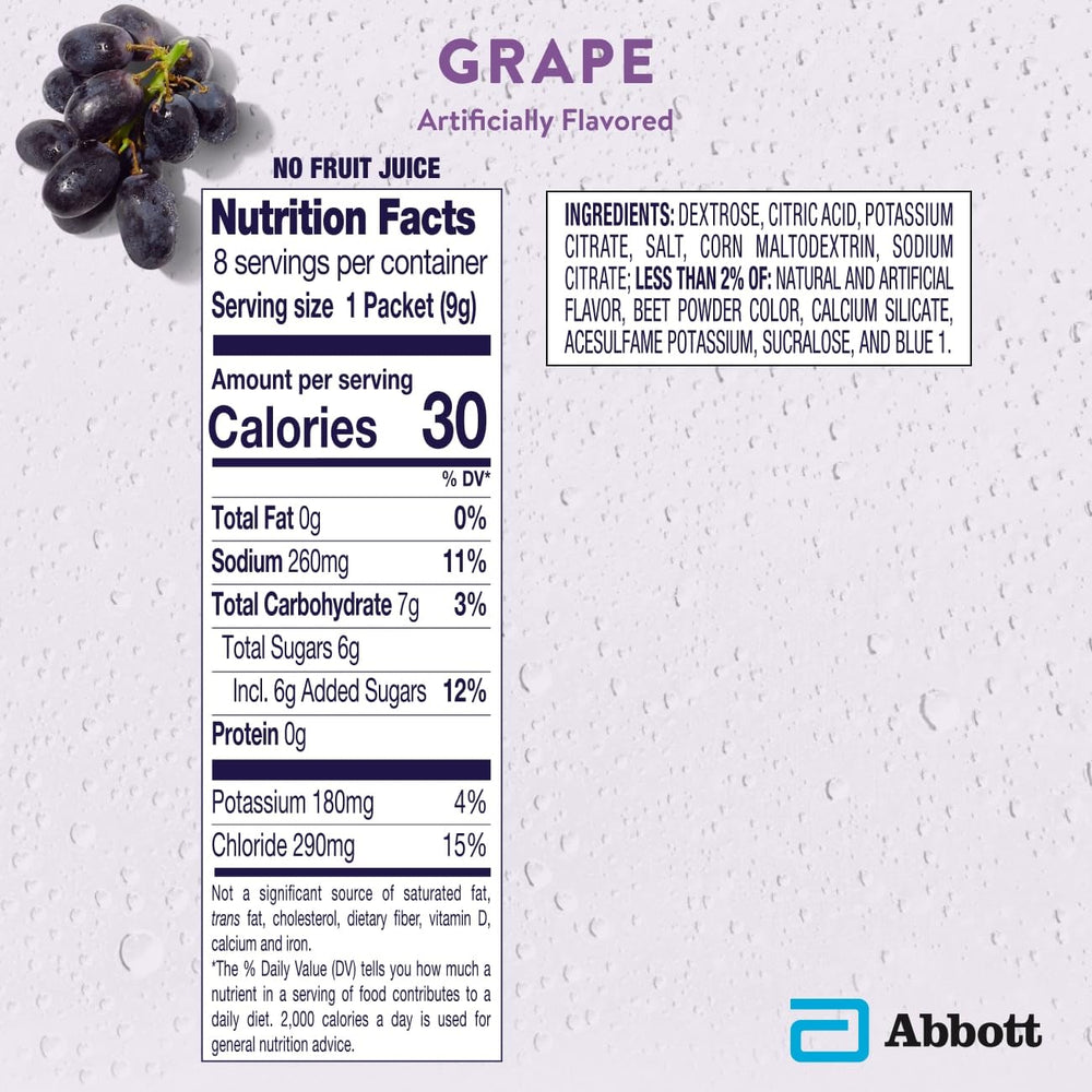 Pedialyte grape hydration shown in a tall glass after mixing.