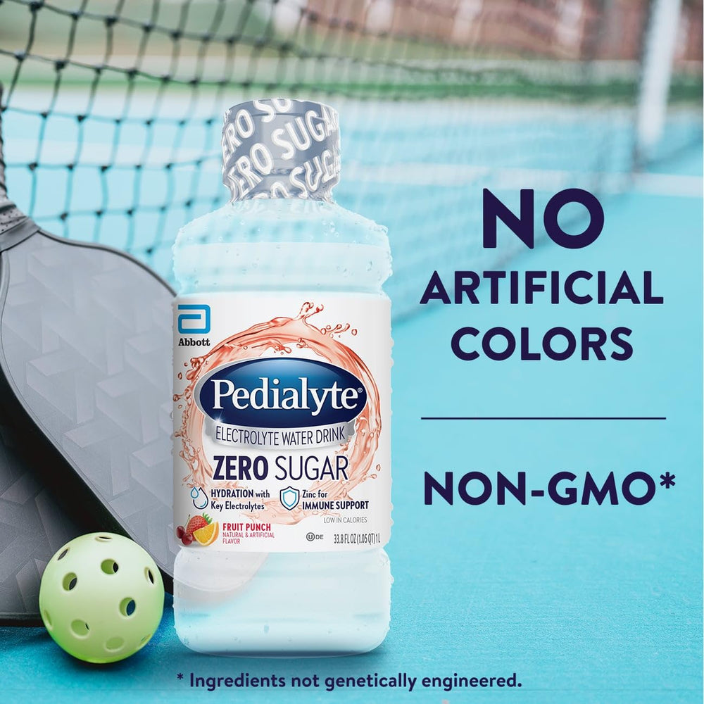 Pedialyte label close-up highlighting key electrolytes and non-GMO formula