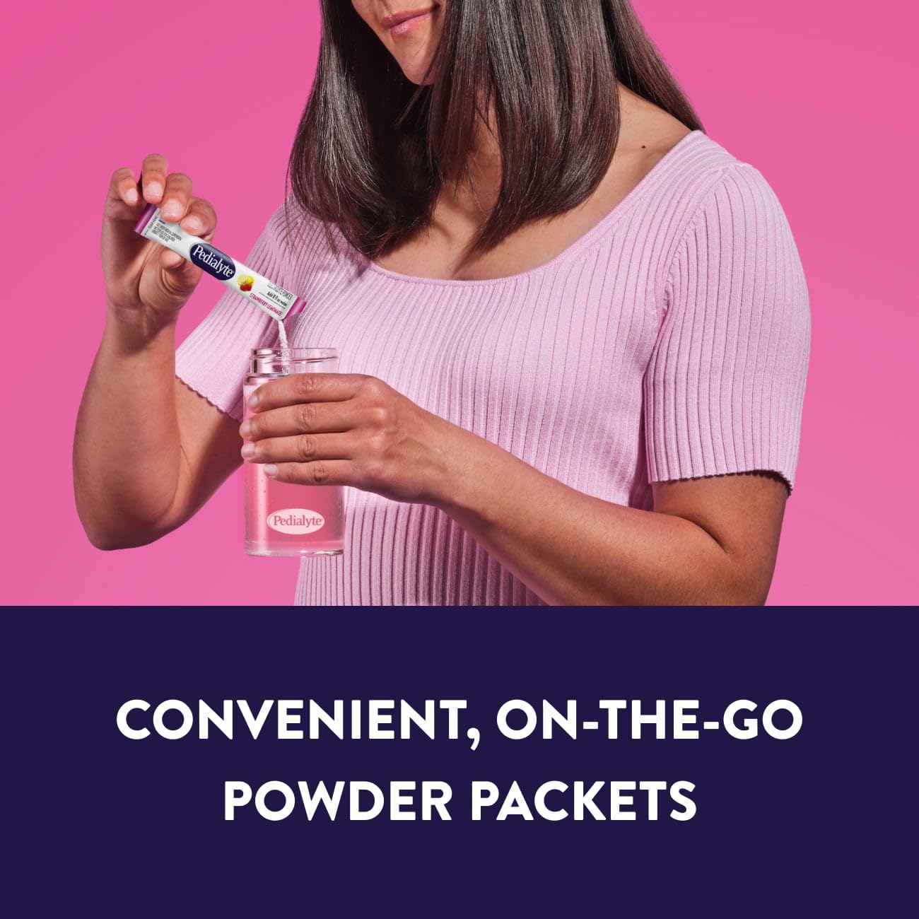 Pedialyte powder sachets enable on-the-go hydration during travel.
