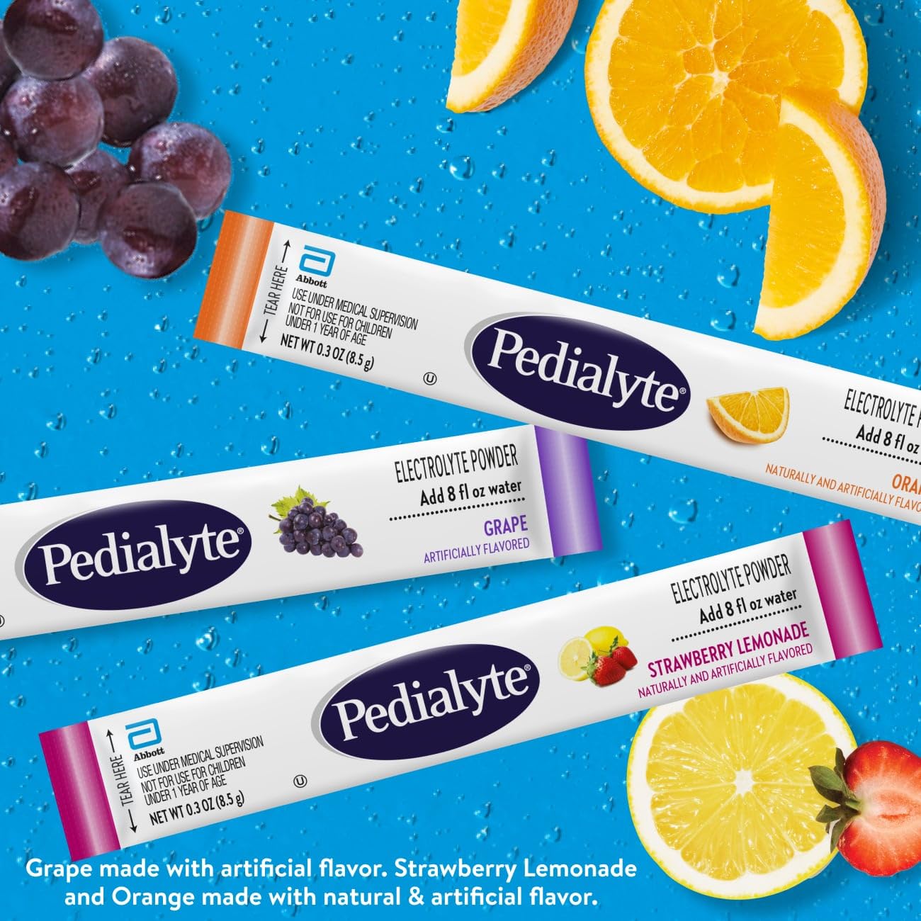 Close-up of Pedialyte electrolyte powder being poured and stirred for fast hydration.