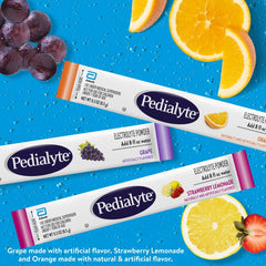 Close-up of Pedialyte electrolyte powder being poured and stirred for fast hydration.