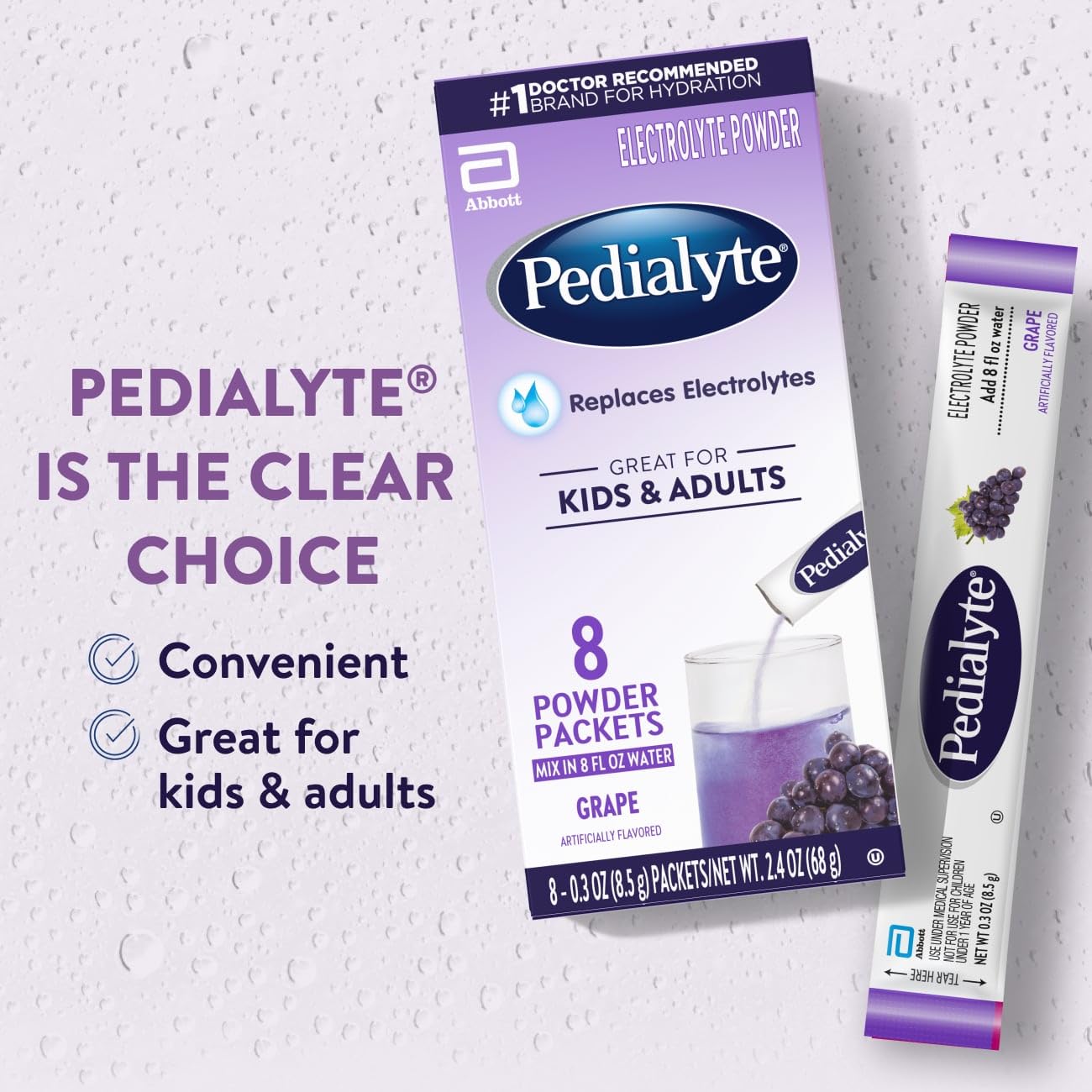 Pedialyte grape powder dissolving in water to start hydration.