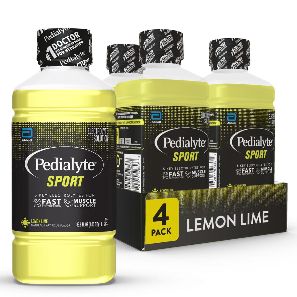 Pedialyte Sport lemon-lime bottle pour for fast hydration during workouts.