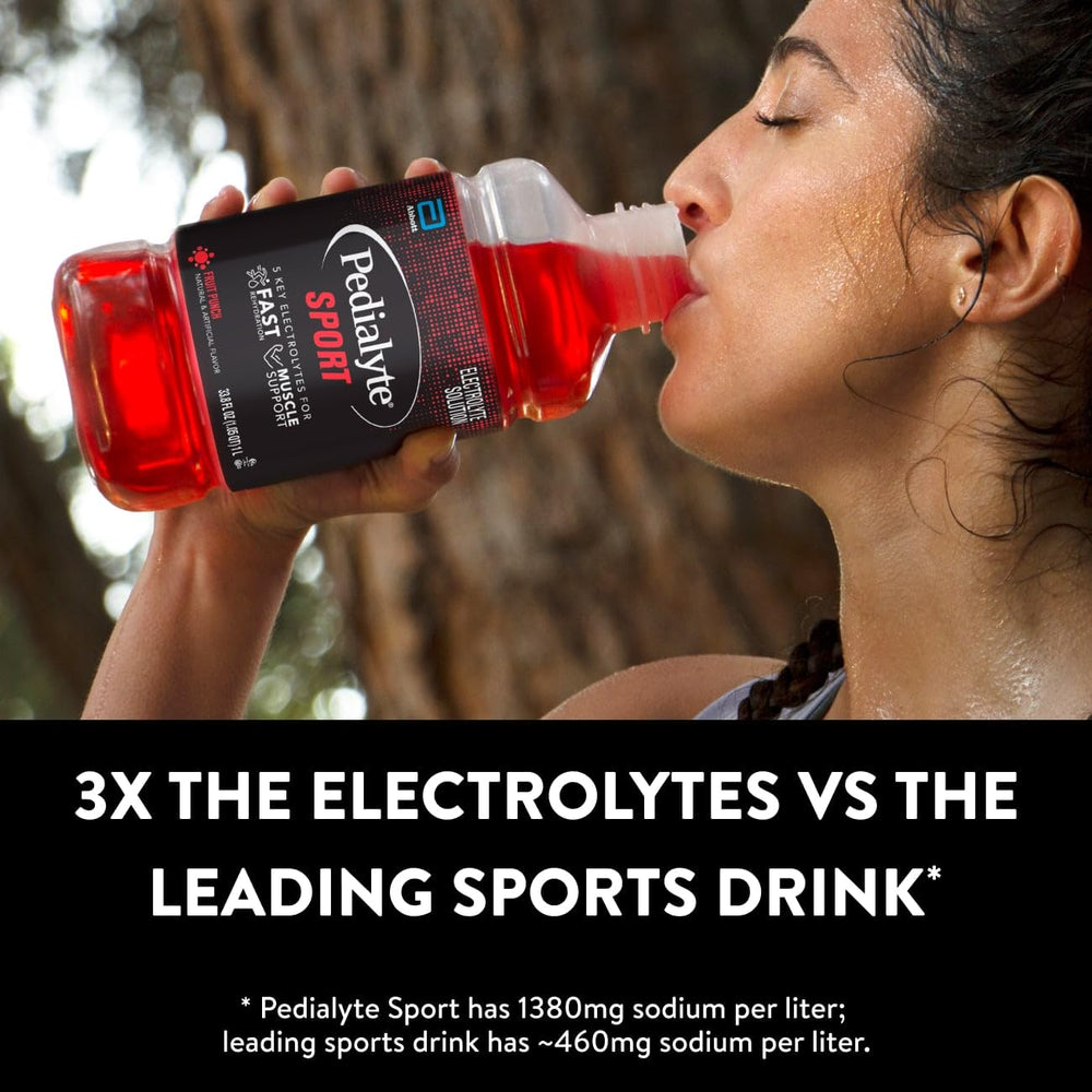 Close-up Pedialyte Sport label highlights 5 electrolytes.