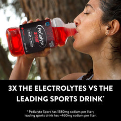 Close-up Pedialyte Sport label highlights 5 electrolytes.