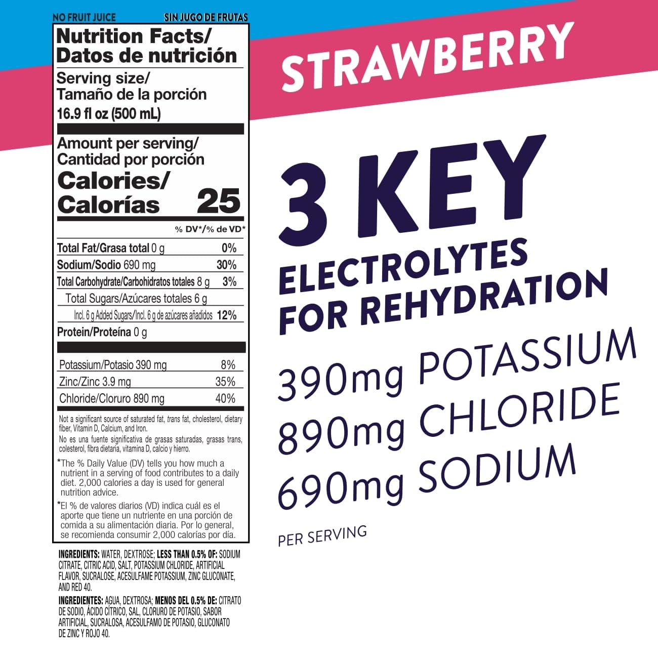 Close-up of Pedialyte Strawberry label showing electrolyte balance.