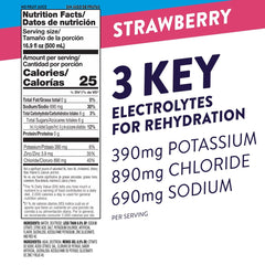 Close-up of Pedialyte Strawberry label showing electrolyte balance.
