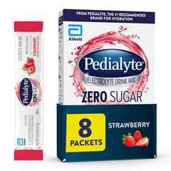 Pedialyte strawberry powder packet ready to mix for quick hydration.
