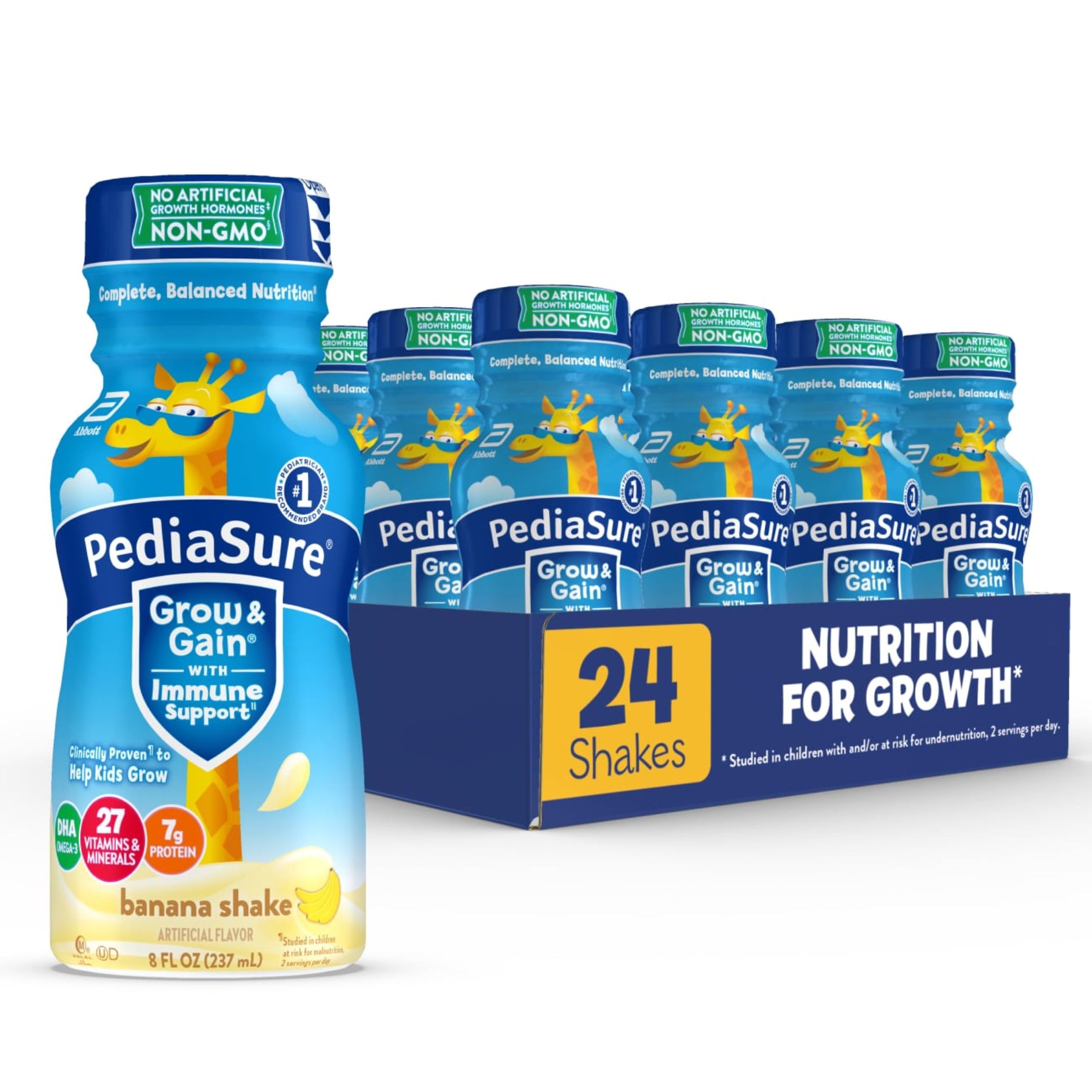 PediaSure Grow & Gain banana bottle front showing kid-friendly nutrition