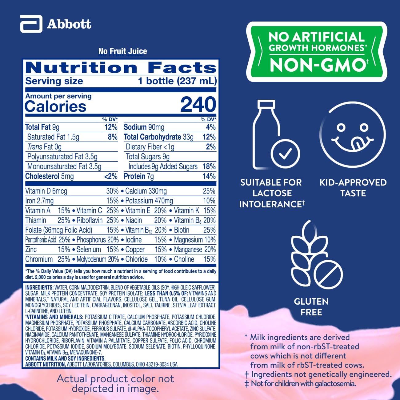 Gluten-free and non-GMO indicators on PediaSure Grow & Gain packaging.