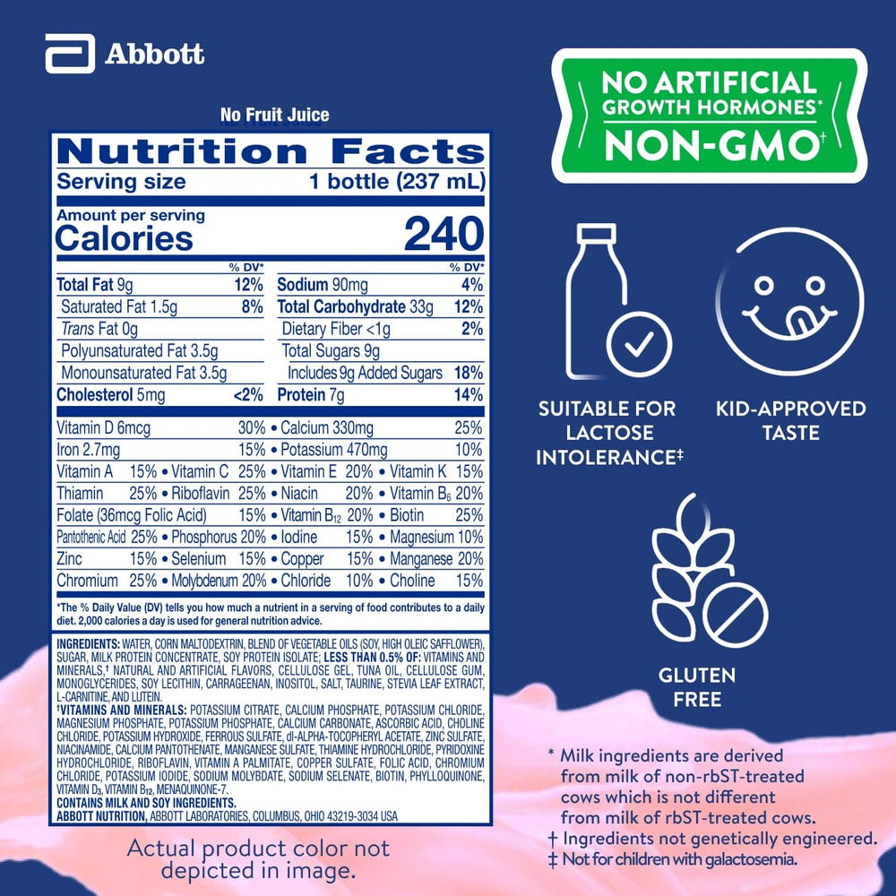Gluten-free and non-GMO indicators on PediaSure Grow & Gain packaging.