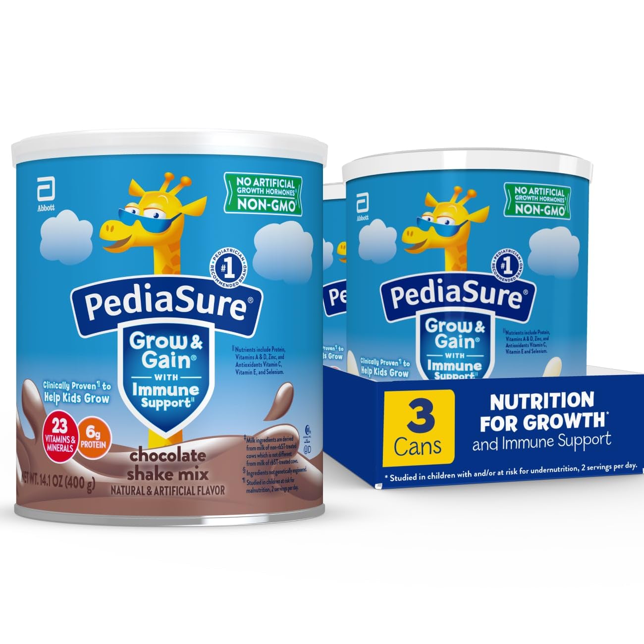 PediaSure Grow & Gain immune shake can, kid-friendly nutrition on the go.