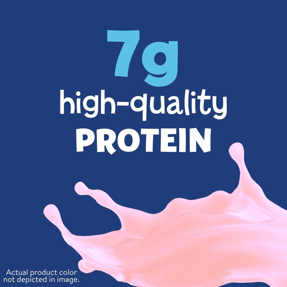 Nutrition facts highlight 7g protein and DHA for brain and growth support.