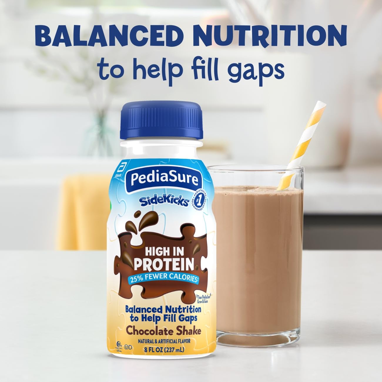 PediaSure SideKicks vanilla bottle highlighting essential vitamins and minerals for kids.