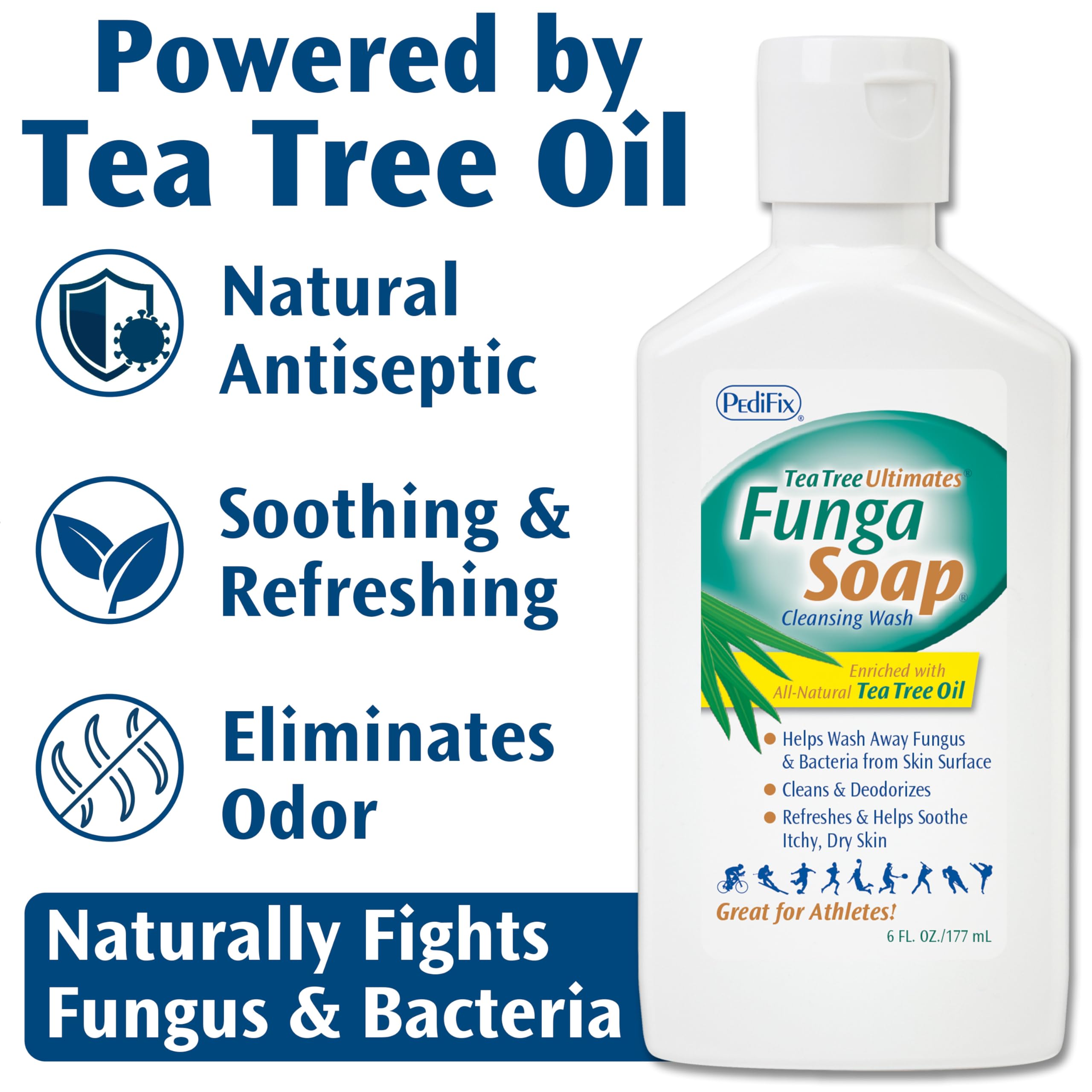 Pedifix FungaSoap Tea Tree Wash provides body cleansing with a light, fresh scent.
