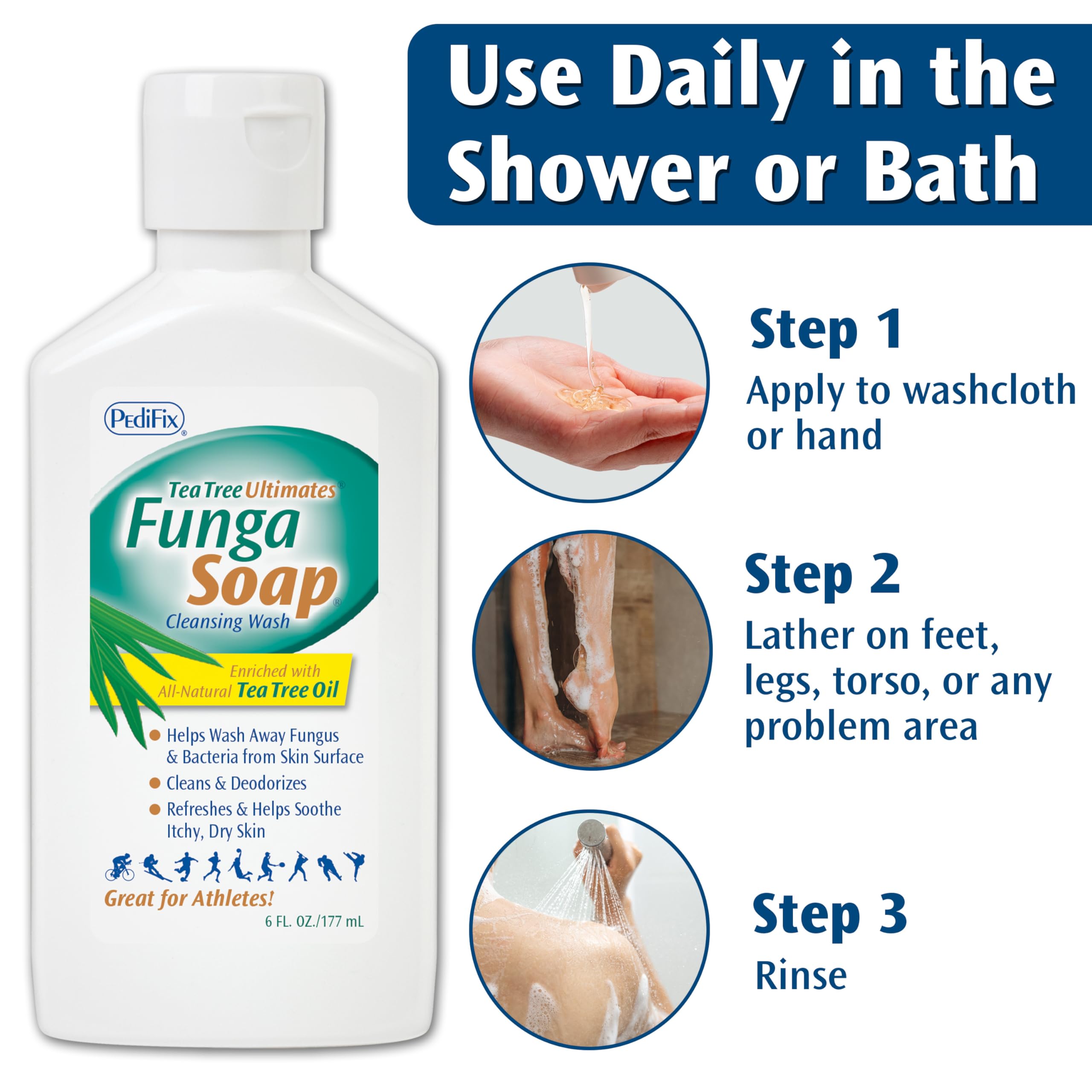 Pedifix FungaSoap Tea Tree Wash foamy lather ready for daily use.