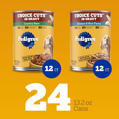 Pedigree Choice Cuts In Gravy chicken-and-rice can being opened for serving.