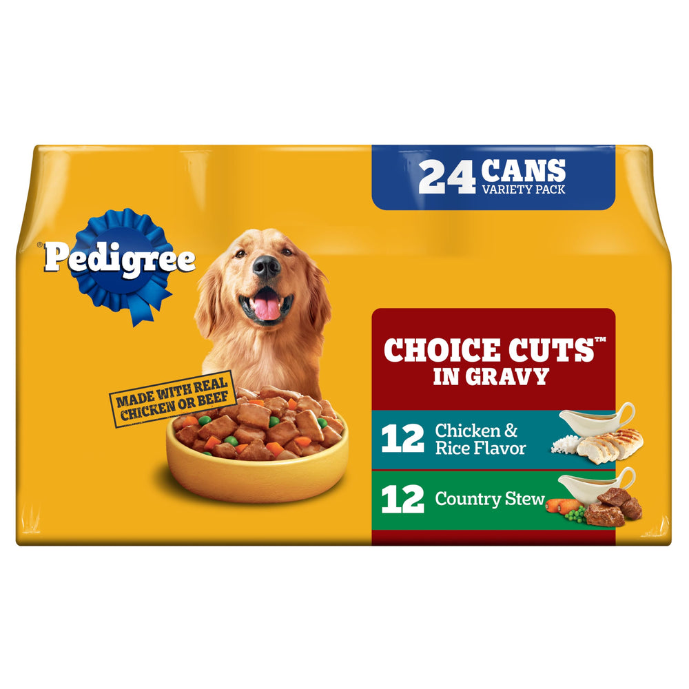 Pedigree Choice Cuts In Gravy country-stew can opened for a complete adult dog meal.