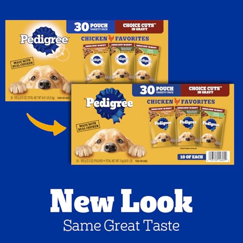 Pedigree Choice Cuts in Gravy 3.5 oz pouch shows steam-cooked soft texture.
