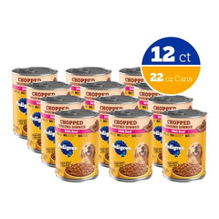 Pedigree Chopped Ground Dinner beef can label highlights nutrition facts