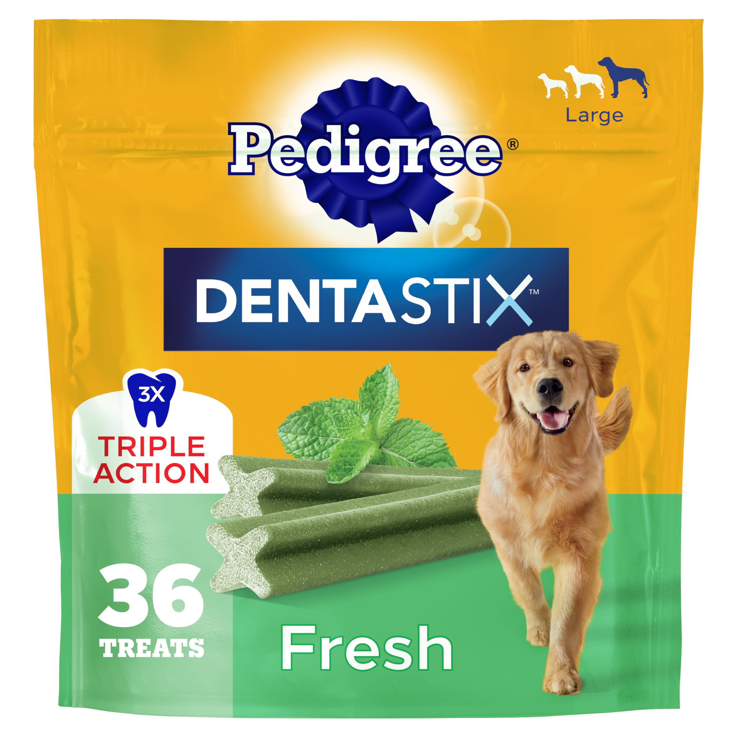 Pedigree Dentastix large-breed bag with 36 treats for daily dental care.