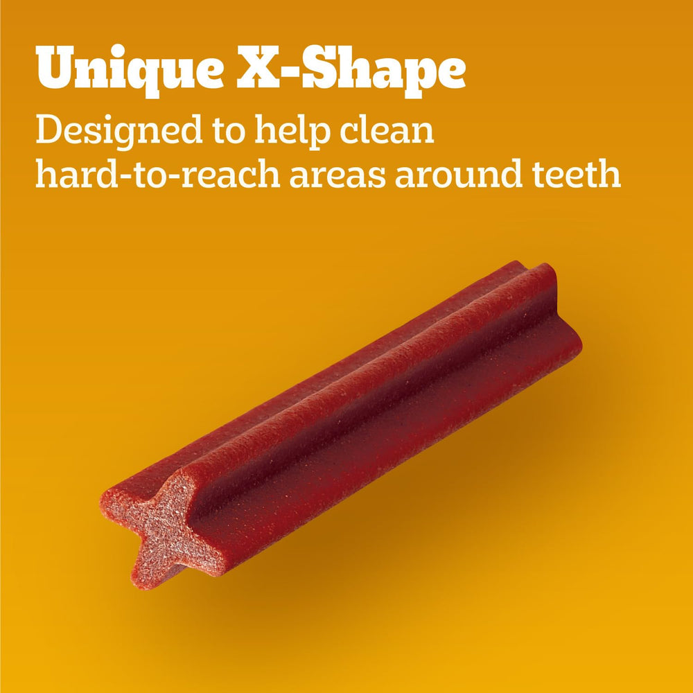 Pedigree Dentastix large-breed bacon-flavor treats close-up of product texture.